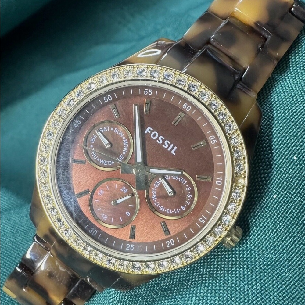 Brown Fossil Stella ES2795 Women's Watch Tortoise Shell Band Rhinestone Trim